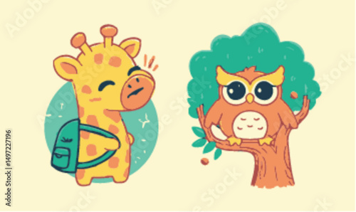 Cute cartoon giraffe and owl illustration in playful vector art style