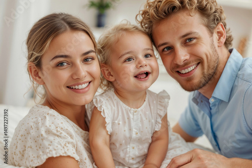 Portrait of happy couple with baby girl and looking at camera