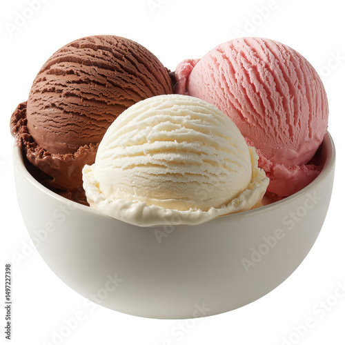 A bowl filled with three scoops of ice cream in chocolate vanilla and strawberry flavors 