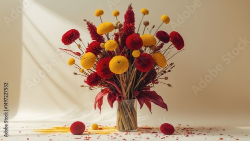 A vibrant bouquet of red, yellow, and orange flowers arranged in a glass vase on a light-colored surface with scattered petals and leaves.