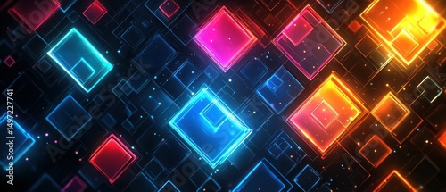 Abstract Neon Squares: A vibrant digital art showcasing glowing geometric shapes in a dark backdrop. The interplay of colors creates an energetic and futuristic aesthetic.