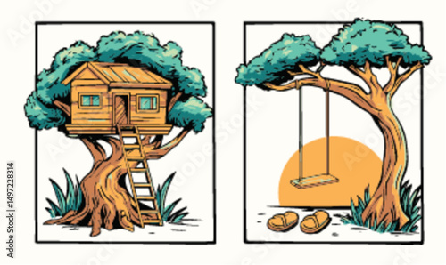 Charming Treehouse Illustration Featuring Swing and Sunset in Vector Art