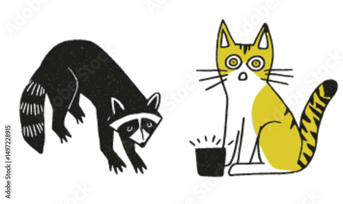 Playful Raccoon and Surprised Cat Vector Art Illustration