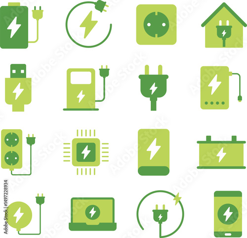 Charging illustration set. Includes of battery charging, power charge, electric charge, charger, charging cable, wireless charging, and More. Vector flat color collection