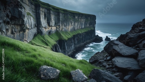 Cliffs and green grass along the coastline under a cloudy sky, with waves crashing against rocks. Nature, sea, and landscape scenery.
