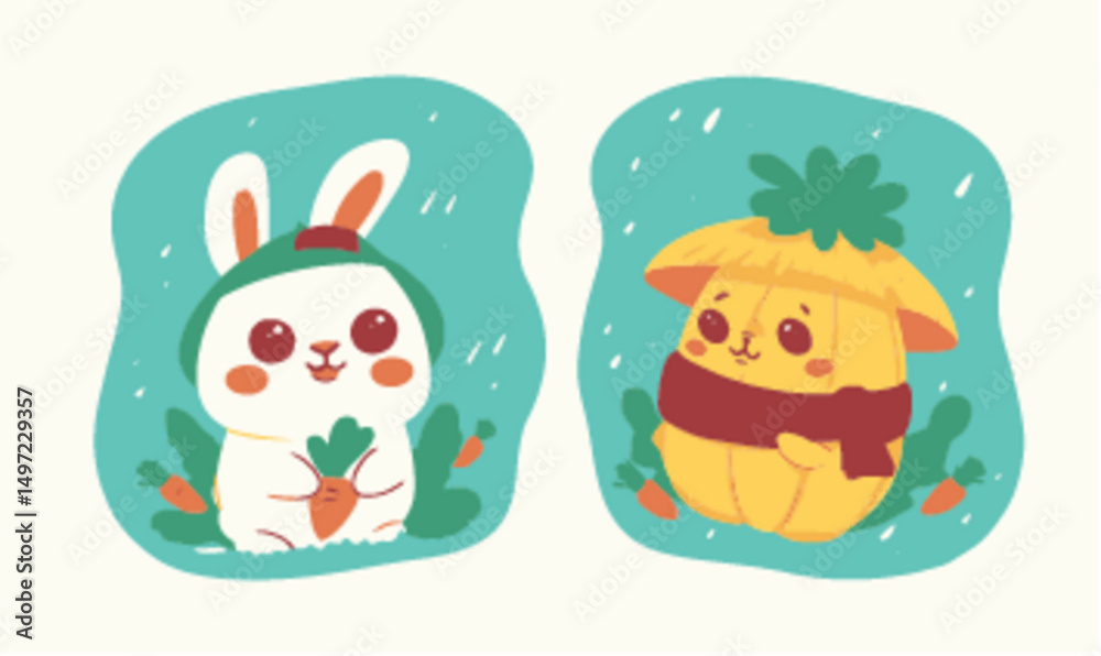 Cute Cartoon Rabbit with Carrot and Cheerful Pumpkin Character Design Cute Cartoon Rabbit with Carrot and Cheerful Pumpkin Character Design