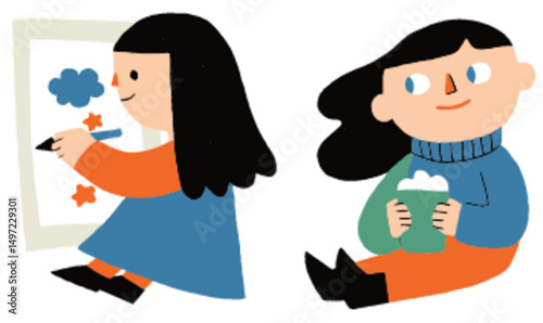 Creative Girl Illustrating with Vector Art Tools and Joyful Expression