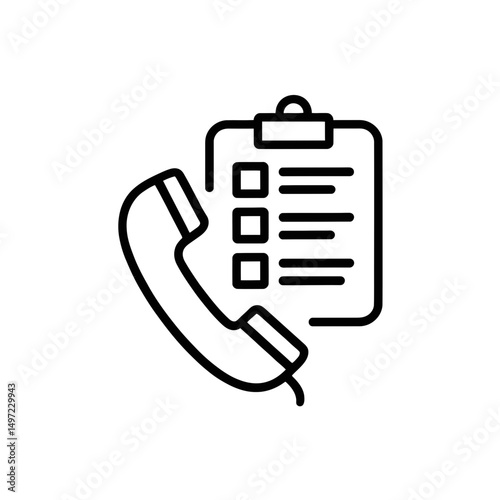 A simple black icon features a telephone handset alongside a clipboard with a checklist.
