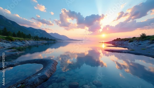 Irregular shoreline, fragmented lake pattern reflecting sky, abstract, shape