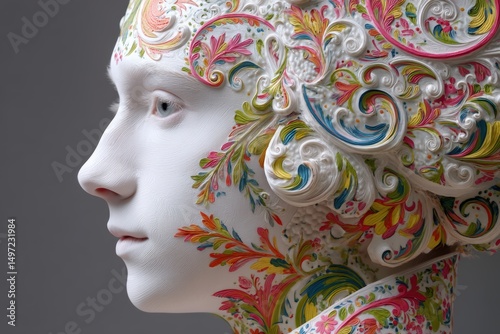 A white sculpted face adorn...