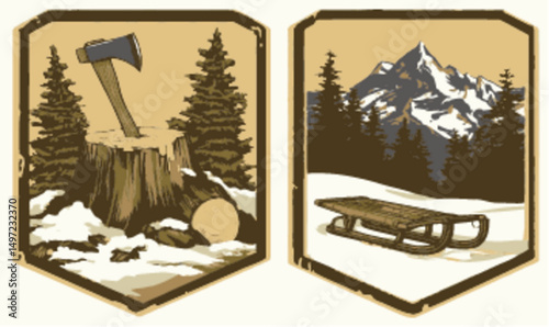 Vintage Vector Art of an Axe in a Stump and a Sleigh in Snowy Landscape