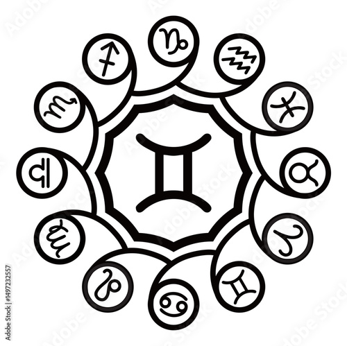 The black GEMINI zodiac symbol with a square twelve frame with the other twelve zodiac signs around it.
