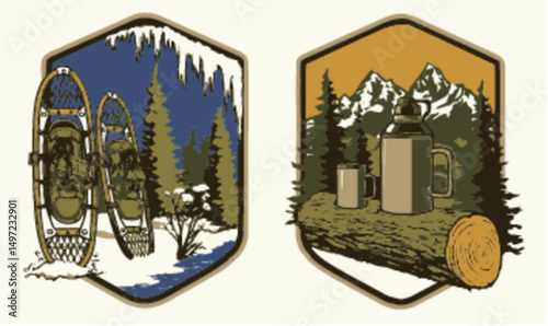 Winter Adventure Badge with Snowshoes and Mountain Coffee Scene