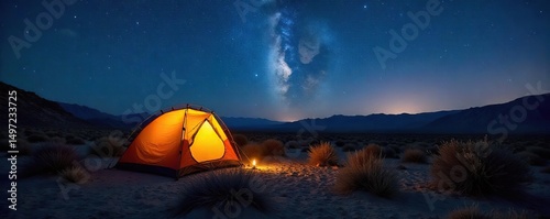 A lone tent pitched under a vast, starlit desert sky  The silhouette of cacti and scrub brush against the twilight  A sense of peace and isolation in the arid landscape ,  cacti,  hot
