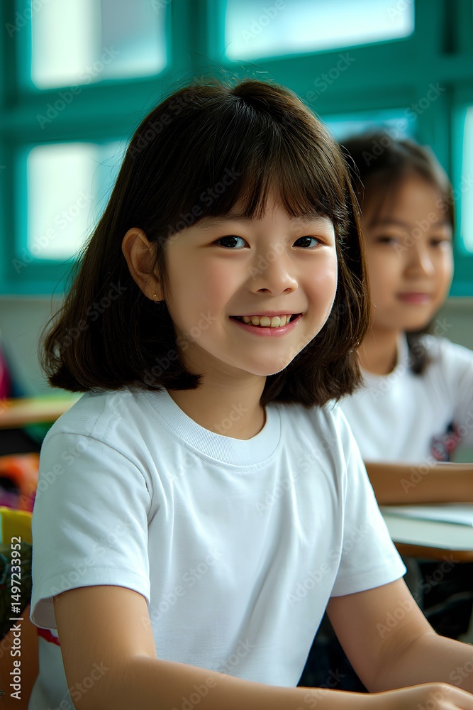 custom made wallpaper toronto digitalYoung Asian girls in white shirts study side-by-side in a colorful classroom, showing dedication to education.