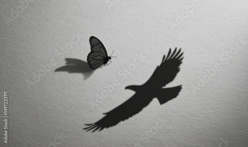 A butterfly is flying in front of a bird's shadow