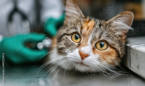 A cat undergoing a physical examination, used for advertisements and designs of pet hospitals and pet insurance.