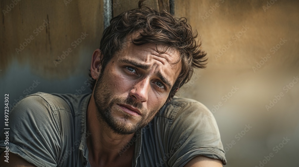 Obraz premium Young man looking thoughtfully at the camera in a rustic setting 