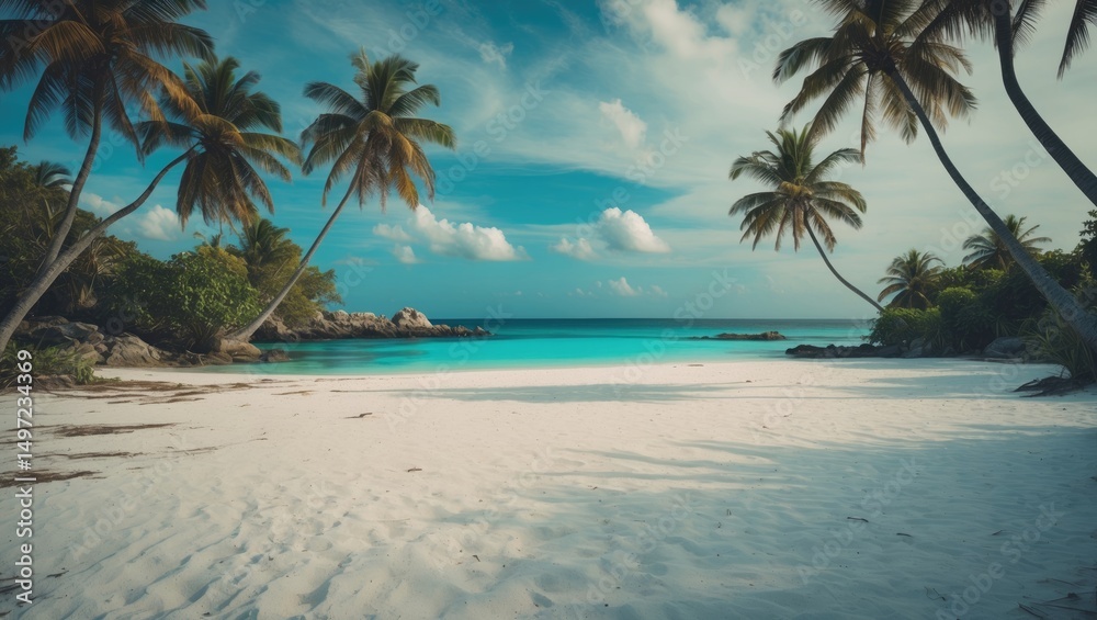 Obraz premium Tropical beach with palm trees, white sand, and turquoise water under a partly cloudy sky.
