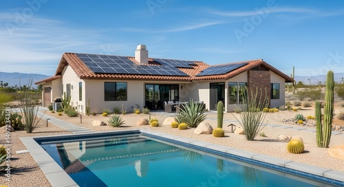 Wallpaper Mural Desert Oasis: Modern House with Solar Panels and Pool Torontodigital.ca