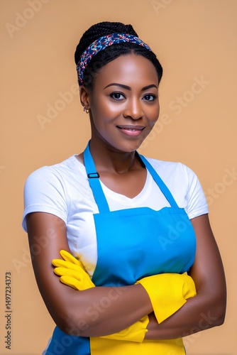 African female janitorial staff posing confidently in protective cleaning attire, isolated on beige.