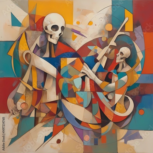 Colorful abstract cubist artwork featuring stylized skeletons holding musical instruments, surrounded by geometric shapes and dynamic compositions.
