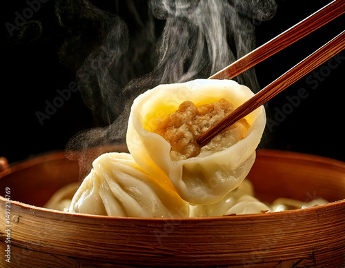 Steaming dumpling held with chopsticks, juicy filling exposed