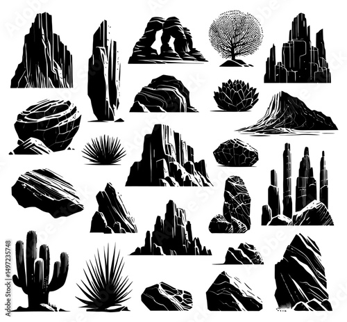 set of vector silhouettes of rocks, cliffs and plants