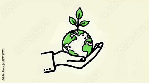 Hand holding globe with plant representing environmental care  