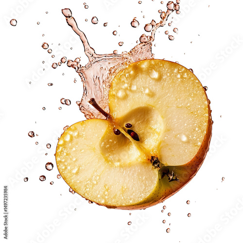 Fresh apple slice with juice splashing around, capturing vibrant and juicy texture of fruit in mid air motion