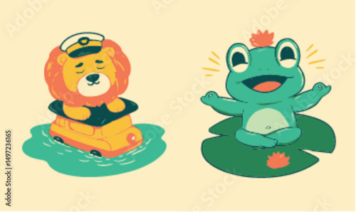 Cute Lion Captain and Relaxed Frog on Leaf Vector Art Illustration photo