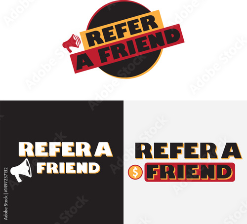 Refer a friend banner logo vector. Referral program badge with loudspeaker.