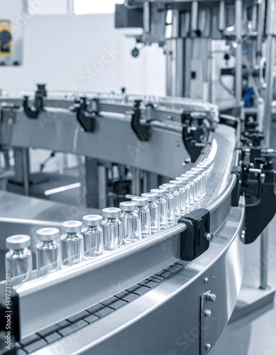 Automated assembly line with vials, conveying precision and efficiency. Ideal for healthcare, pharma, or manufacturing concepts. Production process.