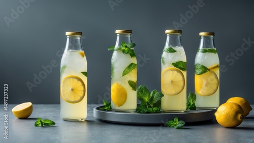 Four bottles of lemon and mint infused water with fresh lemon slices, mint leaves, and ice, arranged on a tray with additional lemons and mint leaves nearby. photo