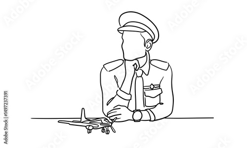 Airplane captain in uniform, continious line drawing. Airport outline, air transport crew line art. Vector illustration on white background