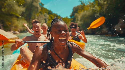 Realistic photo of a multiethnic group of young adults kayaking on a clear river surrounded by summer greenery, laughing and paddling, sunny day, splashes of water, reflections, natural expressions, w