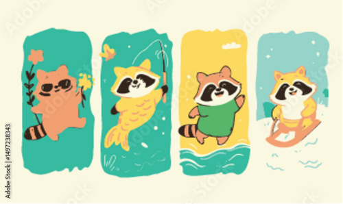 Cute cartoon raccoons engaged in playful outdoor activities in vector art