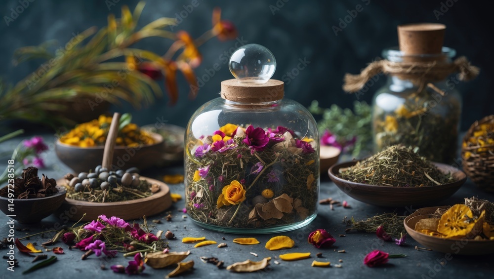 Fototapeta premium Various dried herbs, flowers, and natural ingredients in jars and bowls, with scattered petals and botanicals, on a dark surface with plants in the background.