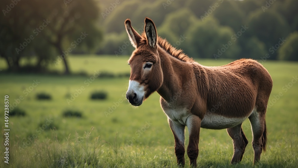 Fototapeta premium Donkey in a green pasture with trees in the background.