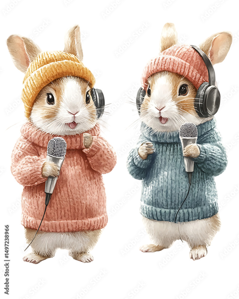 Fototapeta premium Collection set watercolor petfluencer showcasing rabbits, ferrets, and hamsters in cozy sweaters, holding podcast-style mini mics and headphones, in a pastel tech vibe Pastel Petfluencer Aesthetic 