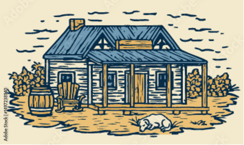 Hand-Drawn Rustic House with a Dog and Barrel in Vector Style Art