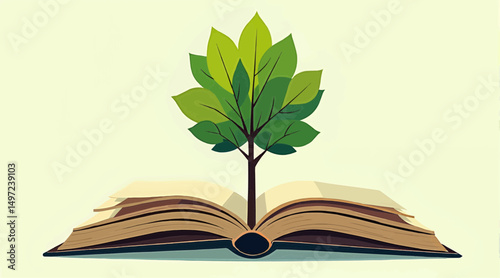 Open book with green tree growing from its pages  