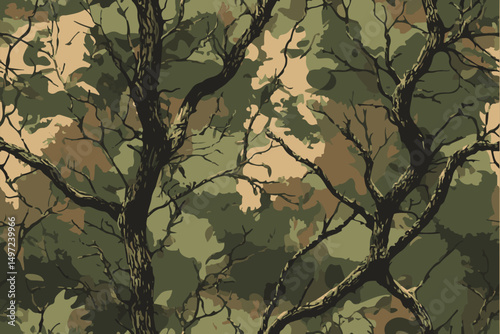 A camouflage pattern with tree branches and leaves, designed for military or outdoor activities. camouflage pattern made of real tree branches and green leaves.