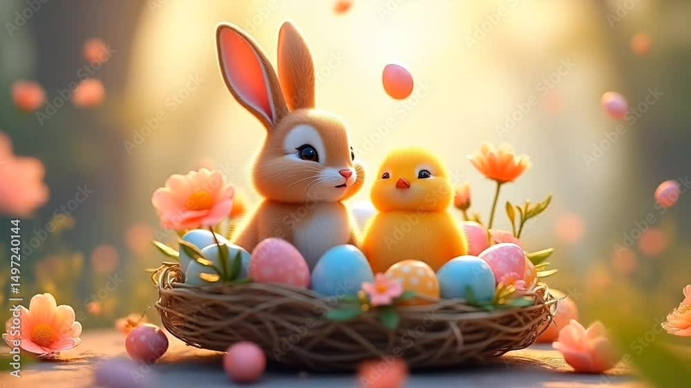 Cartoon bunny and chick with pastel eggs in floral nest at sunrise, seamless looping 4k time-lapse animation video background
