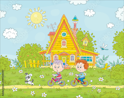 Funny little girl and boy friendly smiling, talking and riding small toy bicycles near a pretty village wooden house on a sunny day in countryside on summer vacations, vector cartoon illustration