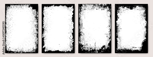 Grunge frame silhouette, comic watercolor background, business photo collage and social media banner border with halftone effect and paint brush stroke texture. Luxury torn paper layout pattern art.