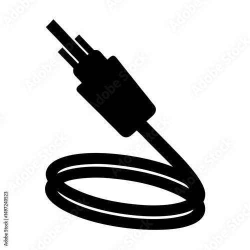 Black and white graphic illustration of a curled optical fiber cable