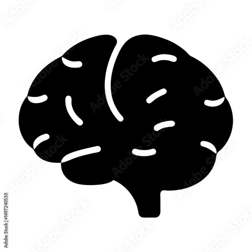 Stylized graphic representation of a human brain in solid black color
