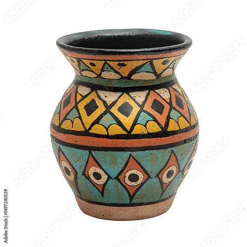 Ancient decorated clay pot with geometric patterns and vibrant colors traditional handcrafted artifact cultural art piece