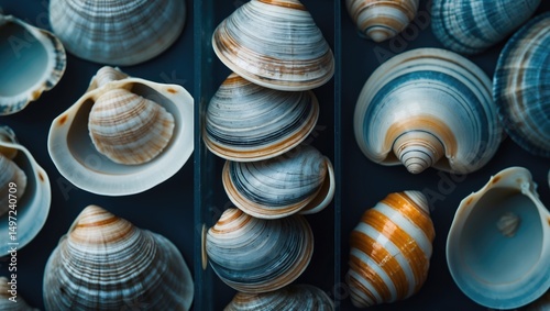 Collection of seashells arranged in wooden compartments with natural and striped patterns. Marine shells showcasing various shapes and colors. photo
